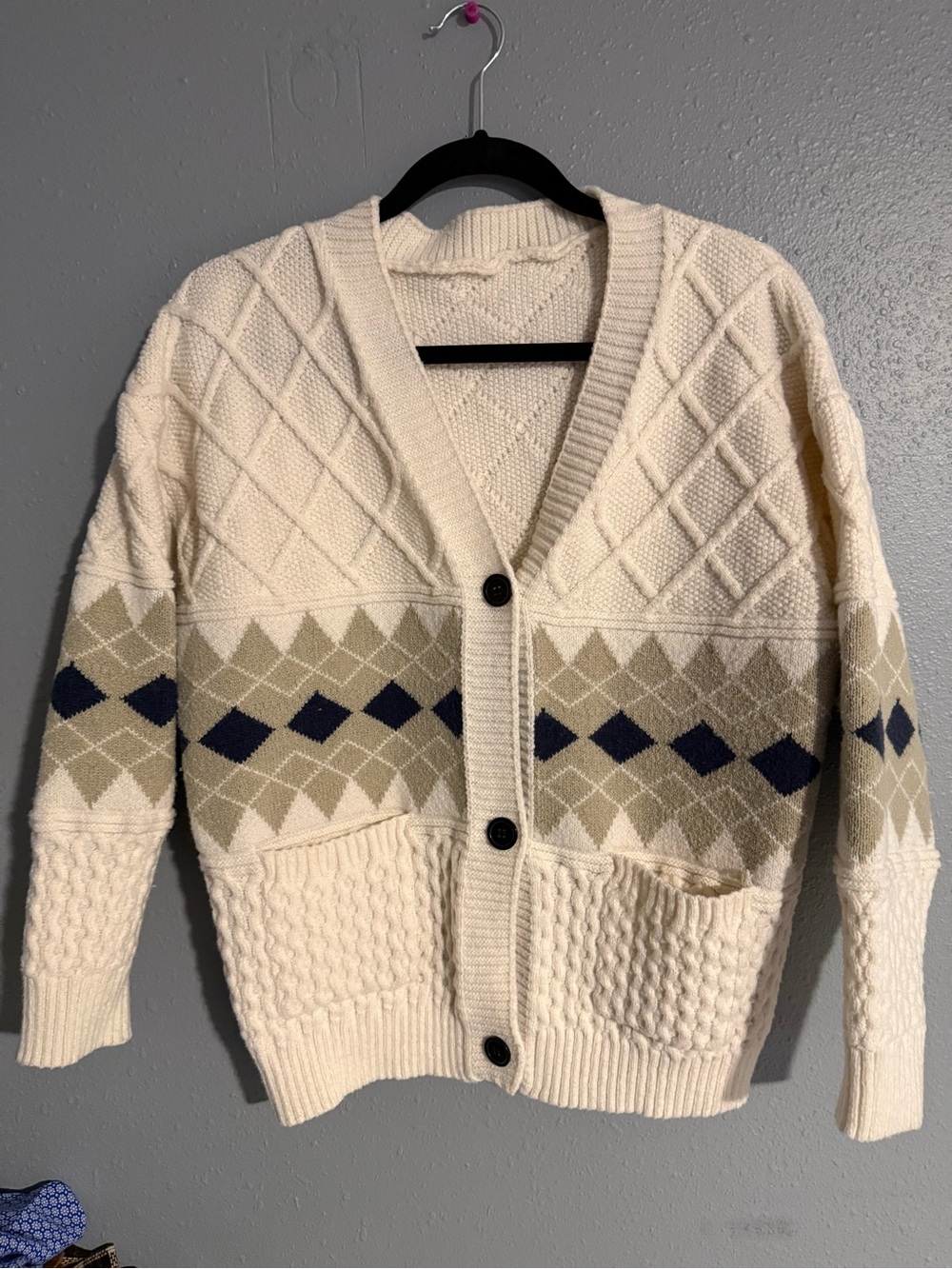 Cream Argyle Button-Front Cardigan with Navy Diamonds